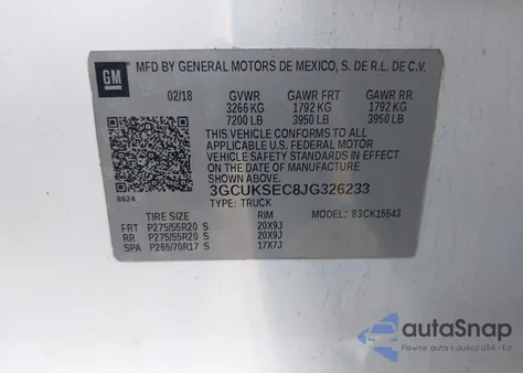 2018 Chevrolet Silverado 1500 2Lz из США, поврежденный, VIN 3GCUKSEC8JG326233